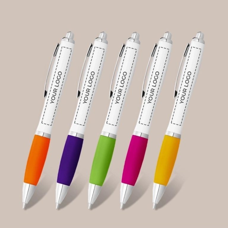 Printed Ballpoint Pen With White Barrel And Coloured Grip