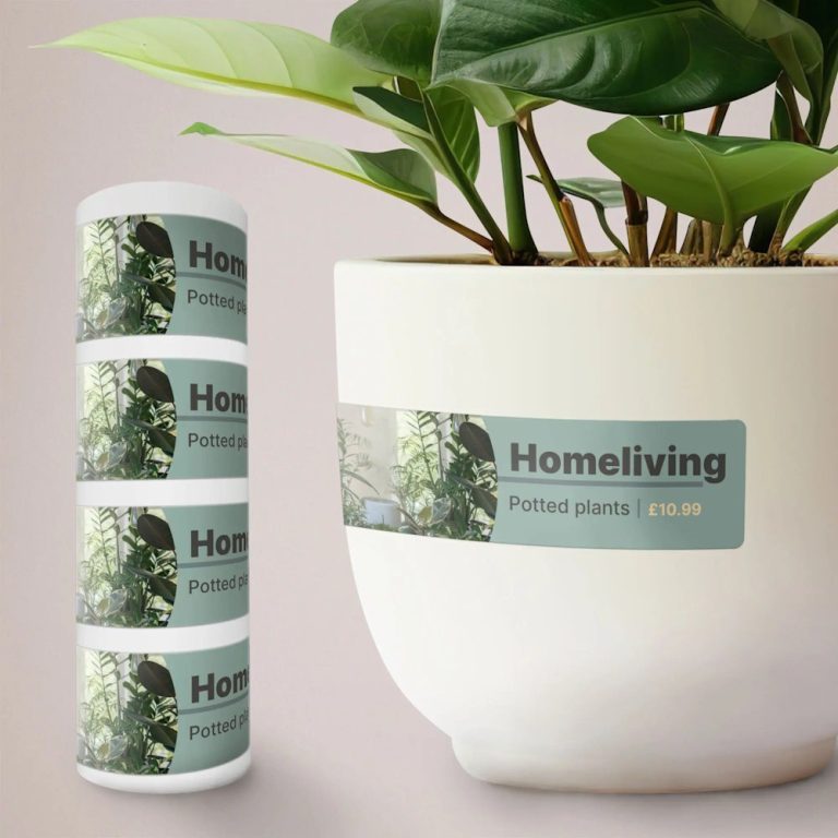 Waterproof outdoor labels on a roll and on a plant pot